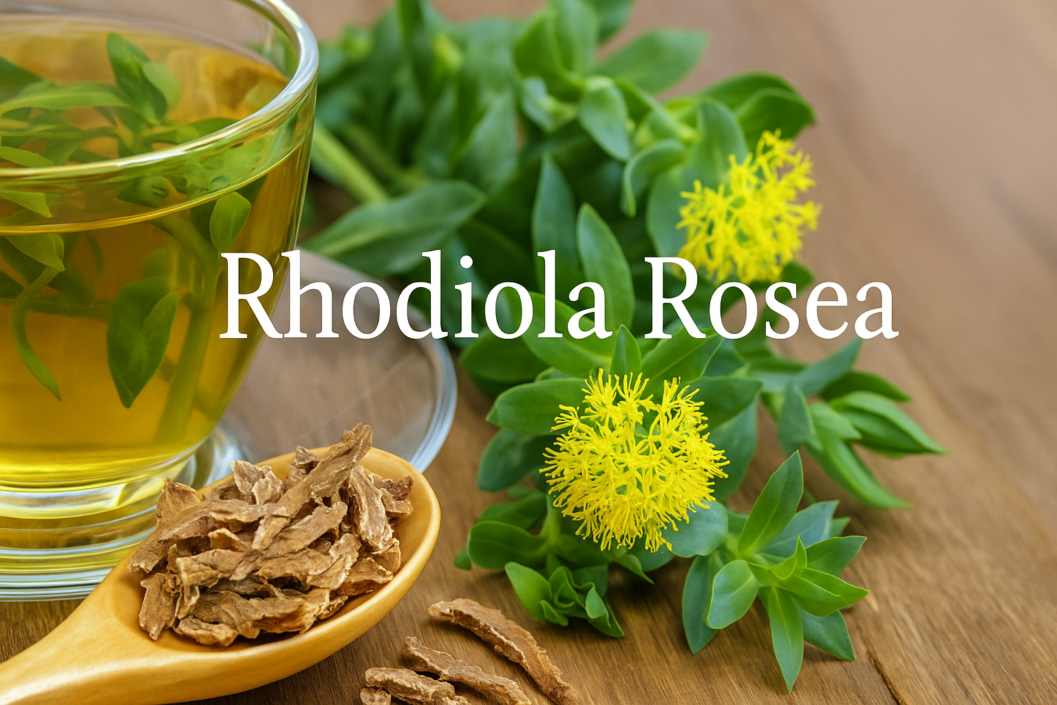 Tisana naturale di Rhodiola Rosea con radice essiccata e fiore giallo su fondo in legno