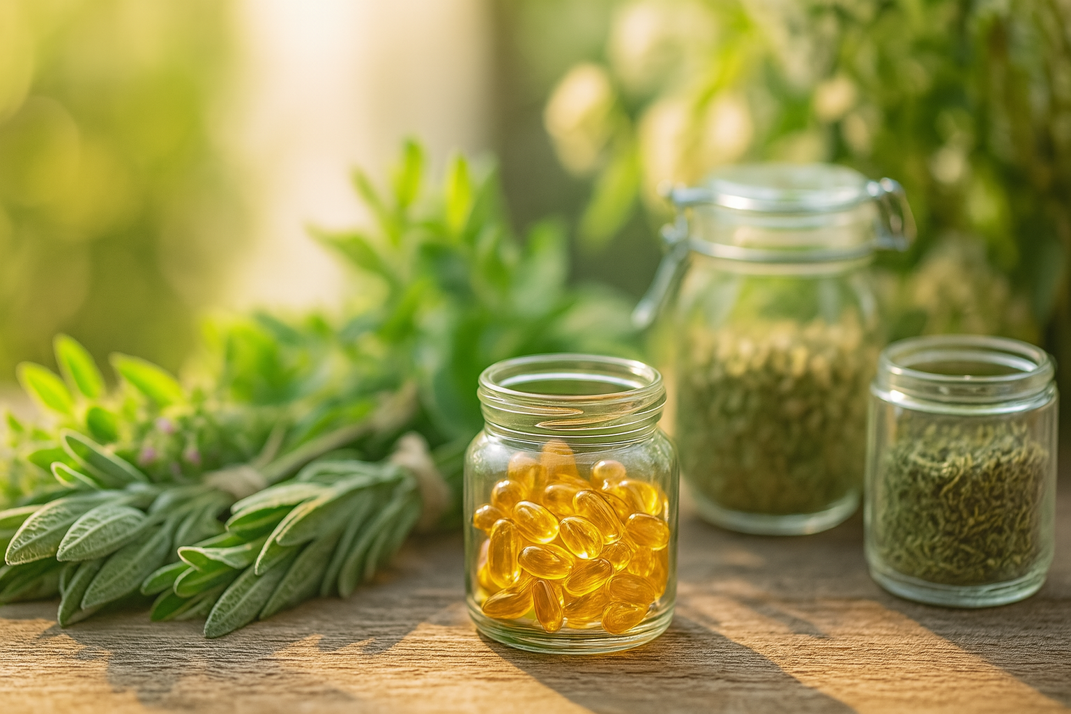 Oggetti legati al benessere naturale disposti su sfondo verde, tra cui frutta, capsule, una borraccia, un orologio e una lavagnetta con la scritta Natural Hacking